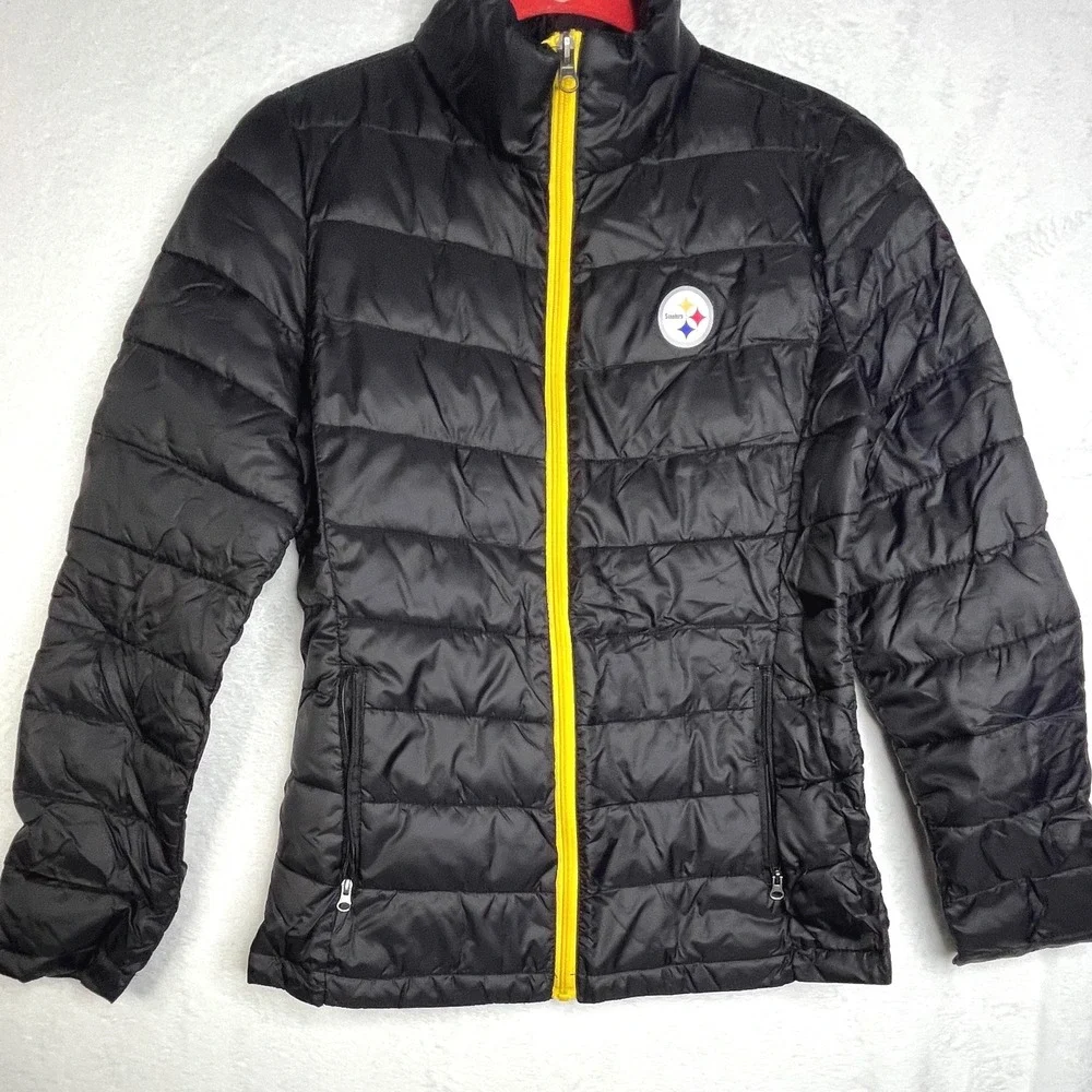 NFL Pittsburgh Steelers Puffer Jacket Women Small Black Yellow Quilt Zip Up - Picture 1 of 13